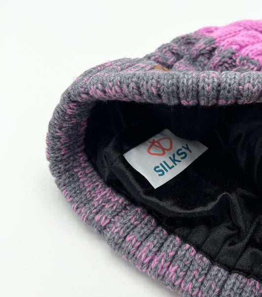 Satin-Lined Children's Pink and Grey Bobble Hat