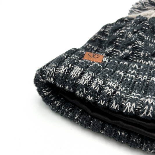 Satin-Lined Dark Grey & Light Grey Bobble Hat