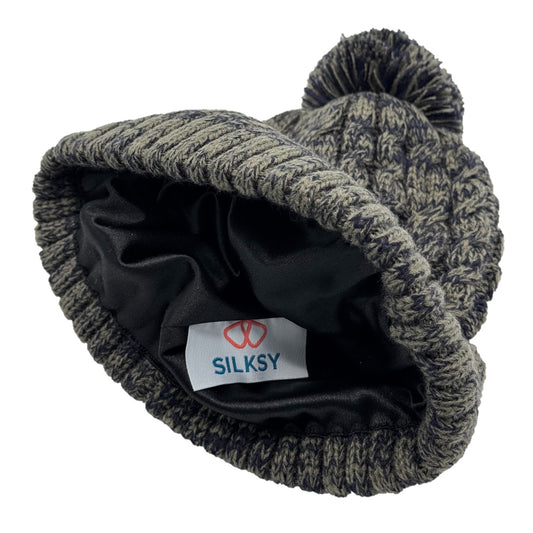 Satin-Lined Dark Green & Dark Blue Bobble Hat