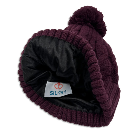 Satin-Lined Plum Bobble Hat