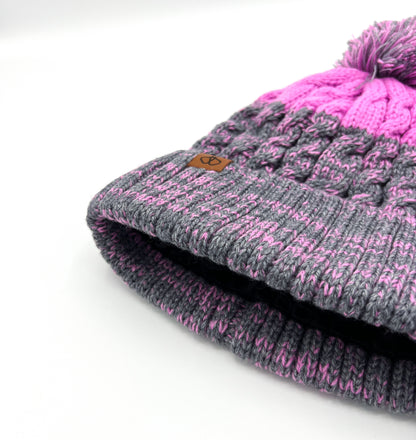 Satin-Lined Children's Pink and Grey Bobble Hat