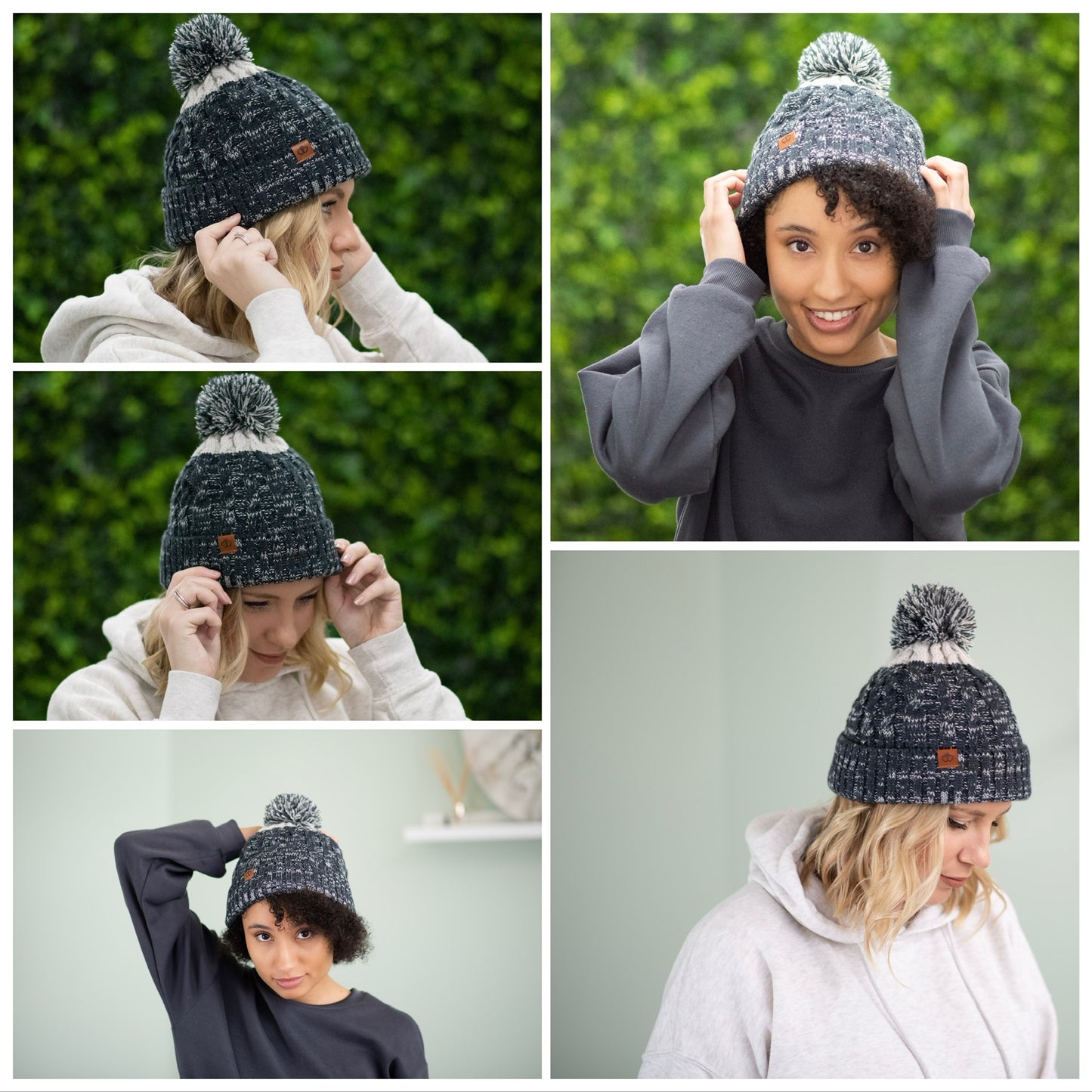 Satin-Lined Dark Grey & Light Grey Bobble Hat