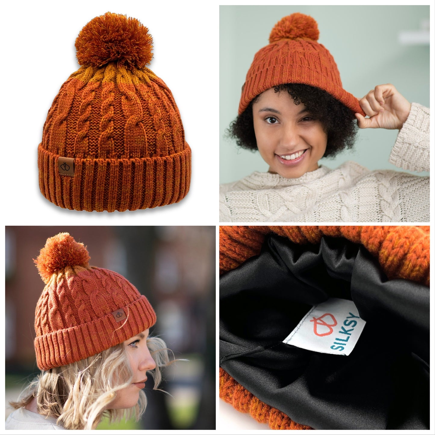 Satin-Lined Burnt Orange & Orange Bobble Hat