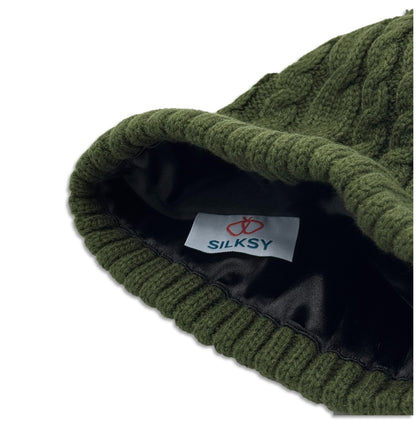 Satin-Lined Green Bobble Hat